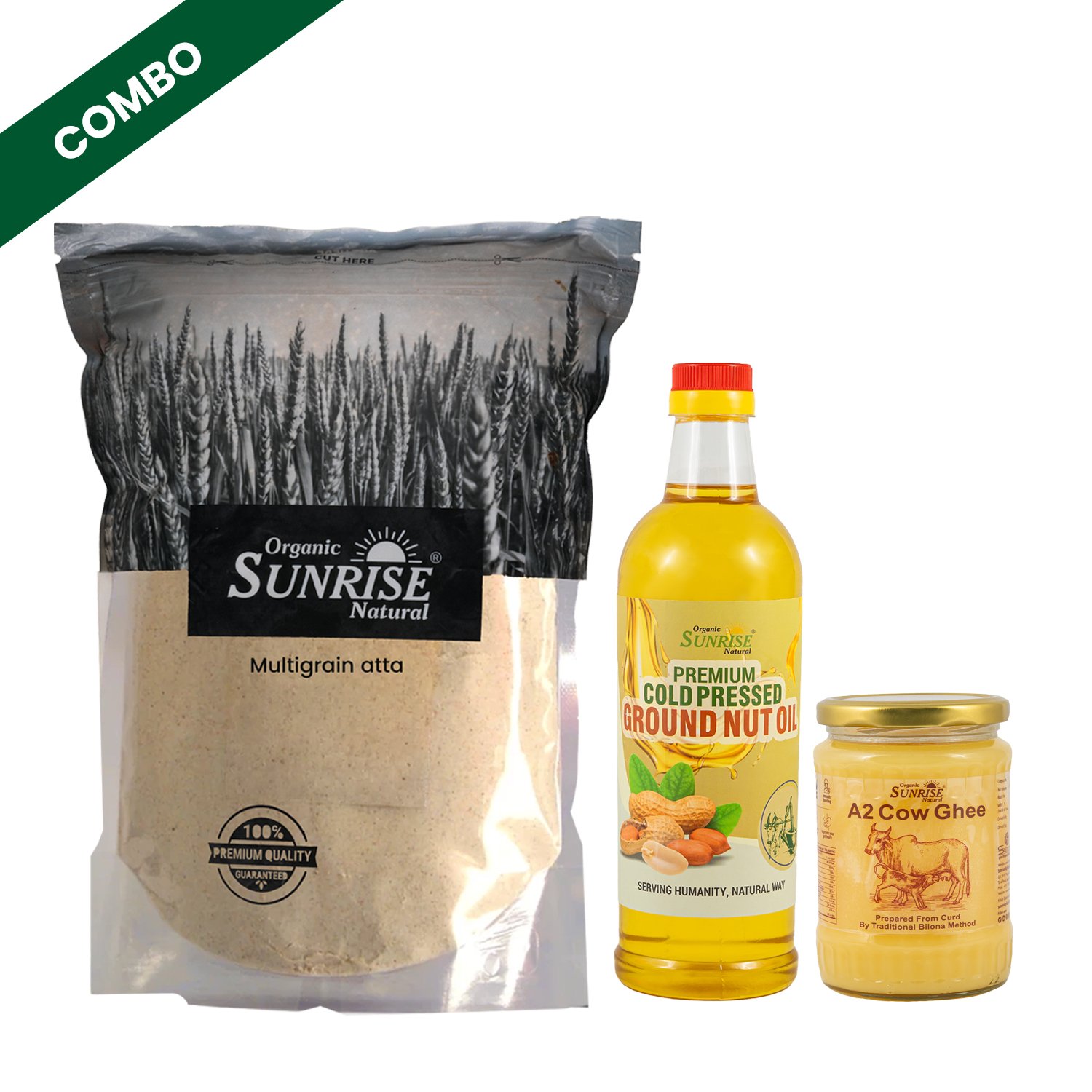 Healthy Kitchen Combo – Multi Grain Atta, Cold Pressed Groundnut Oil & A2 Cow Ghee | Sunrise Agrilan
