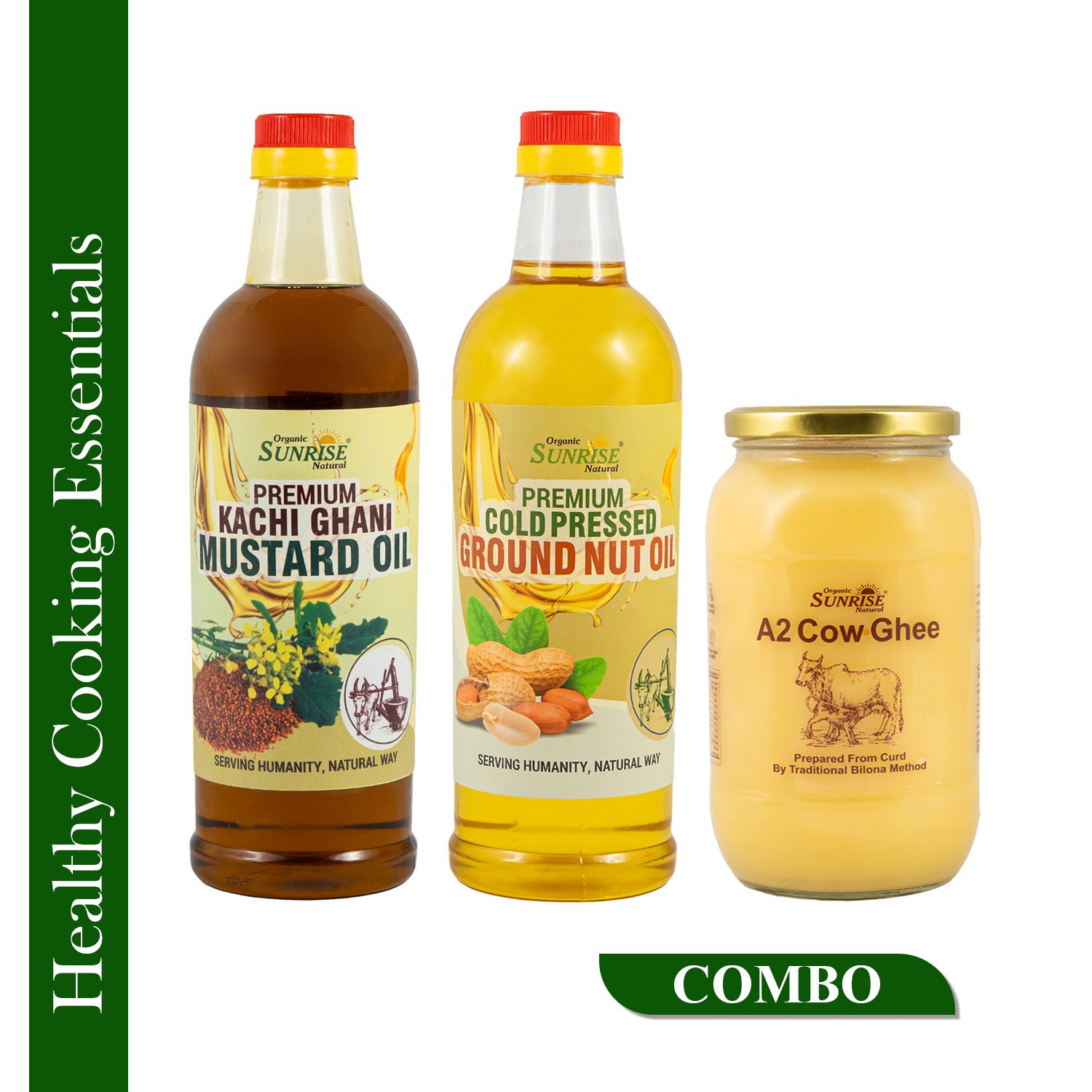 Healthy Cooking Essentials Combo – Kachi Ghani Mustard Oil, Cold Pressed Groundnut Oil & A2 Cow Ghee