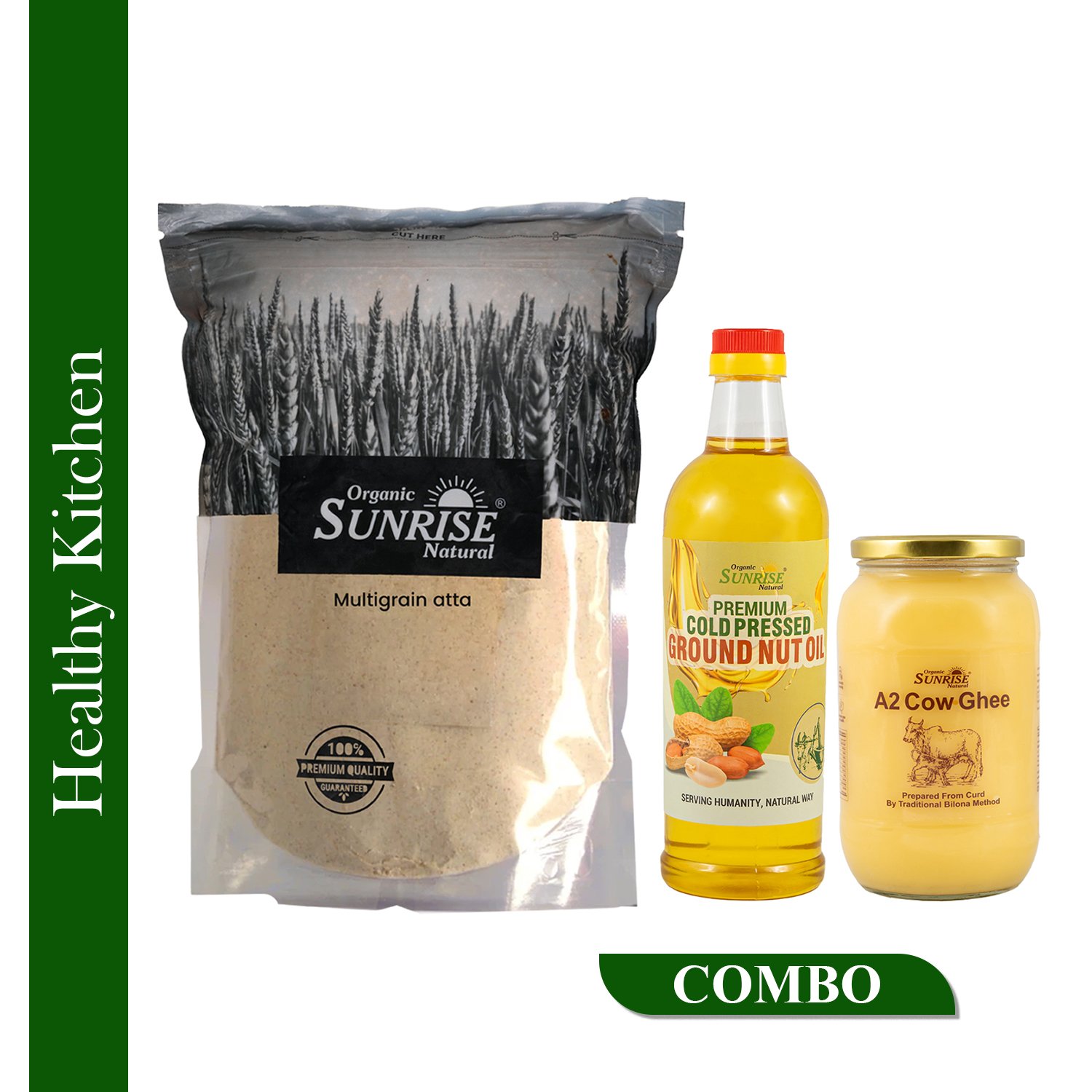Healthy Kitchen Combo – Multi Grain Atta, Cold Pressed Groundnut Oil & A2 Cow Ghee | Sunrise Agrilan