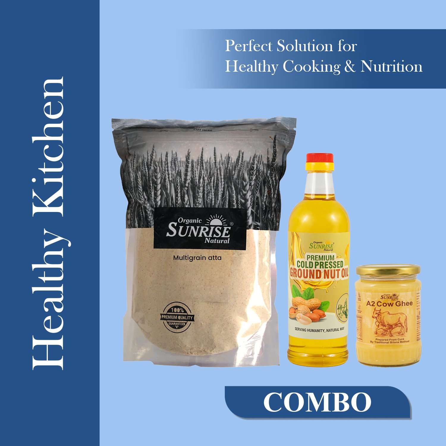 Healthy Kitchen Combo – Multi Grain Atta, Cold Pressed Groundnut Oil & A2 Cow Ghee | Sunrise Agrilan