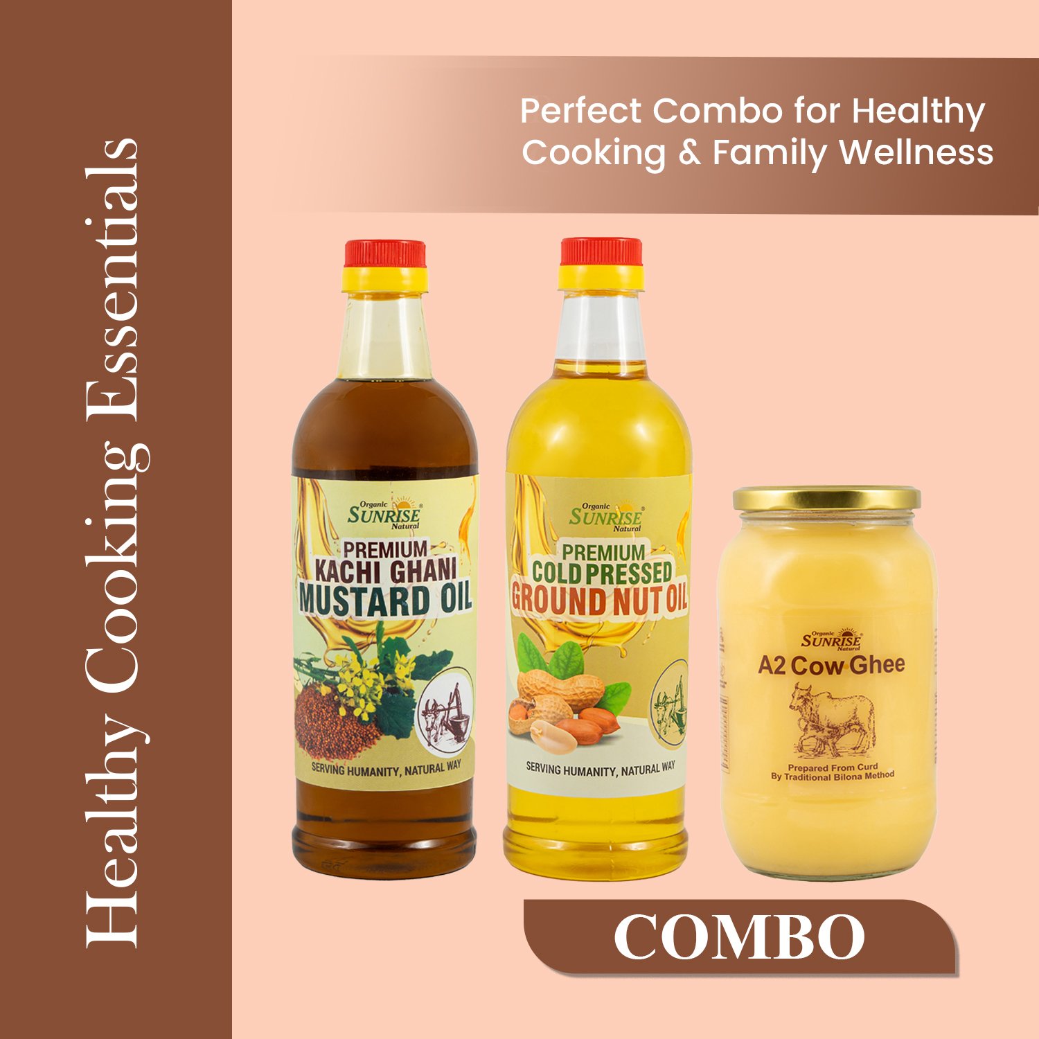 Healthy Cooking Essentials Combo – Kachi Ghani Mustard Oil, Cold Pressed Groundnut Oil & A2 Cow Ghee