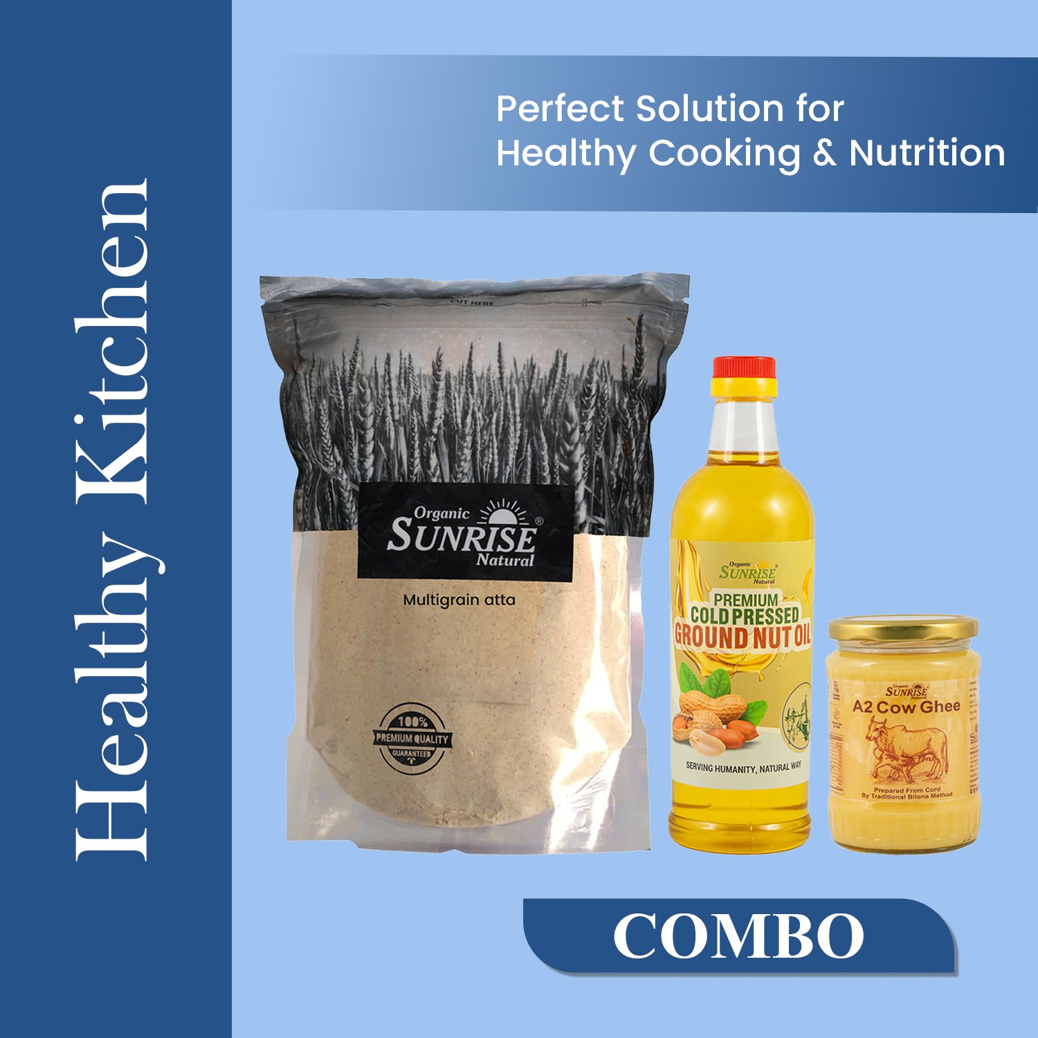 Healthy Kitchen Combo – Multi Grain Atta, Cold Pressed Groundnut Oil & A2 Cow Ghee | Sunrise Agrilan
