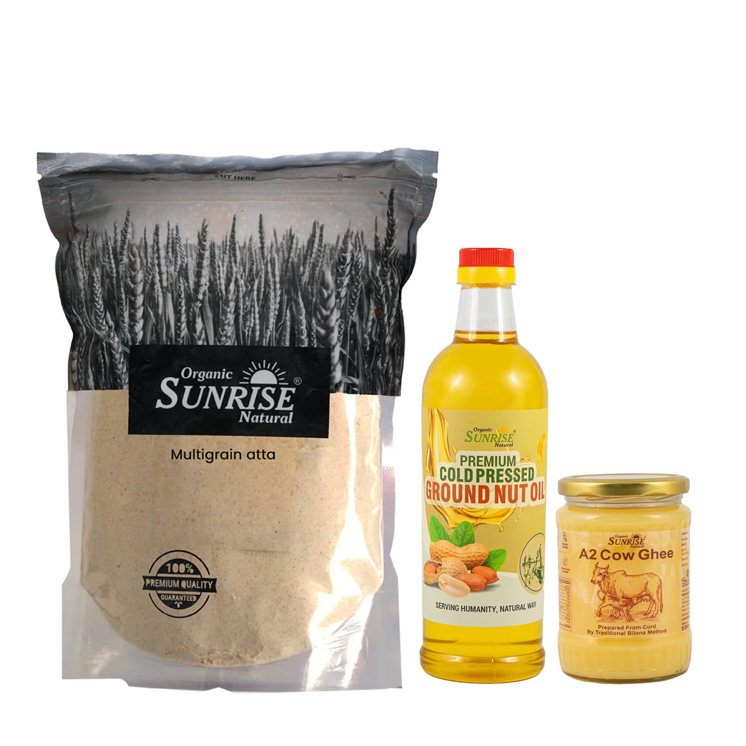Healthy Kitchen Combo – Multi Grain Atta, Cold Pressed Groundnut Oil & A2 Cow Ghee | Sunrise Agrilan